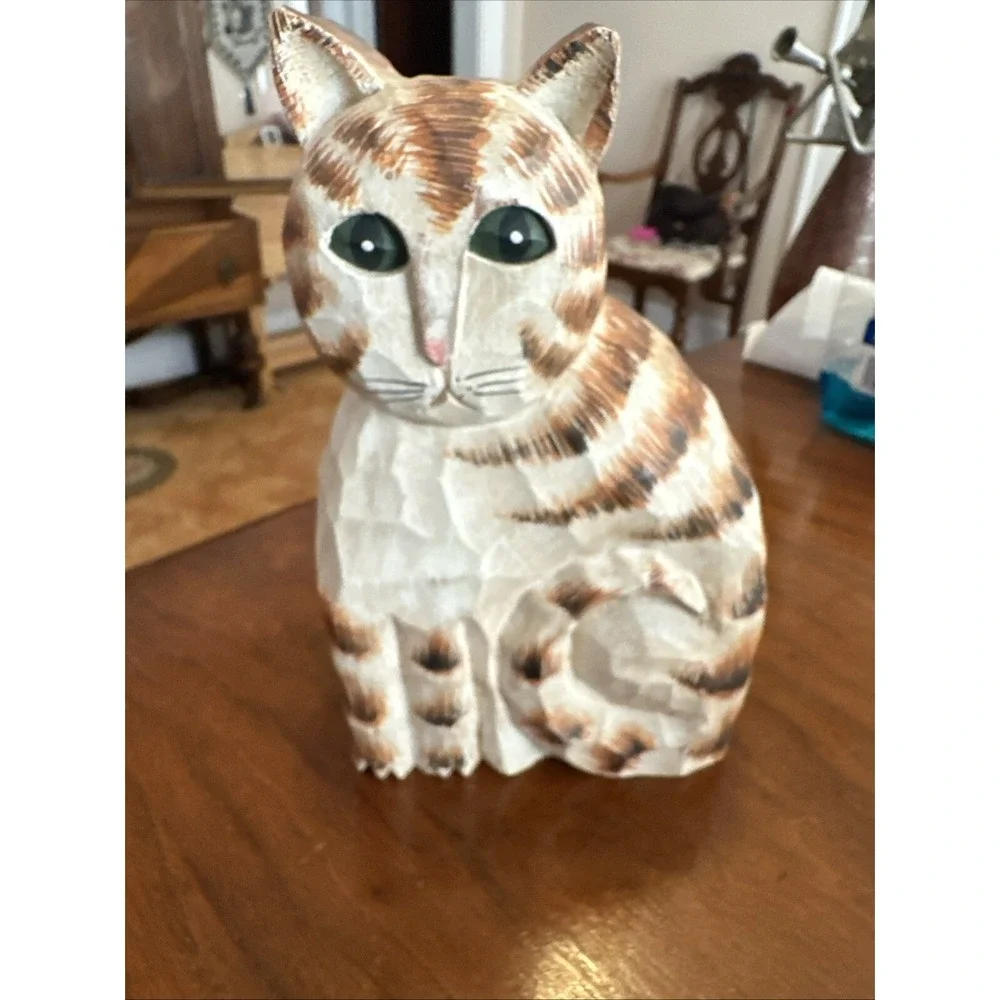James Haddon Folk Art Wood Carved Striped Cat Figurine Signed